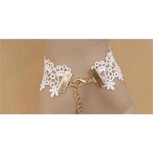 Vintage White Lace Wristband Golden Butterfly Flower Embellished Bracelet with Ring J18125