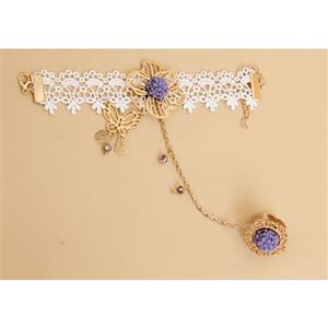 Vintage White Lace Wristband Golden Butterfly Flower Embellished Bracelet with Ring J18125