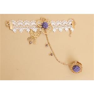 Vintage White Lace Wristband Golden Butterfly Flower Embellished Bracelet with Ring J18125