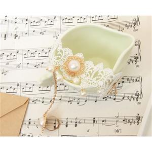 Vintage White Lace Wristband Victorian Pearl Embellishment Bracelet with Ring J17825