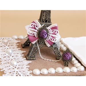 Vintage White Lace Wristband Pink Bowknot Purple Rose Embellished Bracelet with Ring J18164