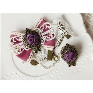 Vintage White Lace Wristband Pink Bowknot Purple Rose Embellished Bracelet with Ring J18164