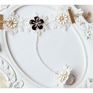 Vintage White Wristband Glaze Daisy Embellished Bracelet with Ring J18098