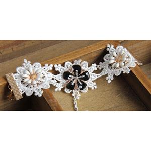 Vintage White Wristband Glaze Daisy Embellished Bracelet with Ring J18098