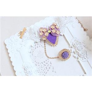 Vintage White Wristband Purple Bowknot Embellished Bracelet with Ring J18073