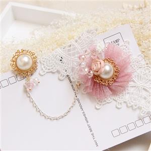 Vintage Wristband Pink Gauze Flower Olivet Embellished Bracelet with Ring J18059