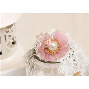 Vintage Wristband Pink Gauze Flower Olivet Embellished Bracelet with Ring J18059