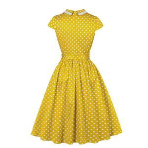 Vintage Yellow Polka Dot Dress with White Lace Trim and Black Buckle Belt - 1950s Style Swing Dress N23826