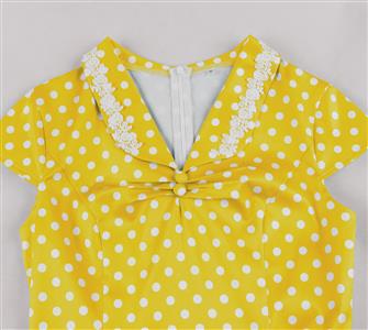 Vintage Yellow Polka Dot Dress with White Lace Trim and Black Buckle Belt - 1950s Style Swing Dress N23826