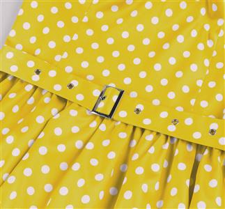 Vintage Yellow Polka Dot Dress with White Lace Trim and Black Buckle Belt - 1950s Style Swing Dress N23826