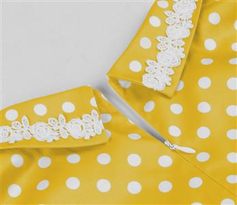 Vintage Yellow Polka Dot Dress with White Lace Trim and Black Buckle Belt - 1950s Style Swing Dress N23826