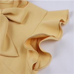 Vintage Yellow Turndown Collar Cap Sleeves High Waist Cocktail Party Swing Dress N22740