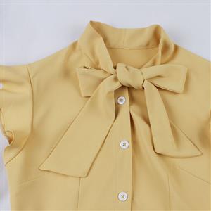 Vintage Yellow Turndown Collar Cap Sleeves High Waist Cocktail Party Swing Dress N22740