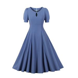 Vintage Blue Short Sleeve Round Neck High Waist Zipper Daily Midi Dress N23146