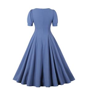 Vintage Blue Short Sleeve Round Neck High Waist Zipper Daily Midi Dress N23146