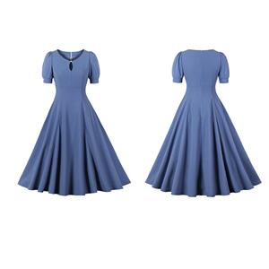 Vintage Blue Short Sleeve Round Neck High Waist Zipper Daily Midi Dress N23146