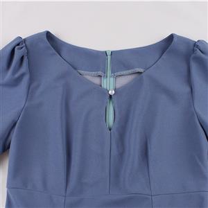 Vintage Blue Short Sleeve Round Neck High Waist Zipper Daily Midi Dress N23146