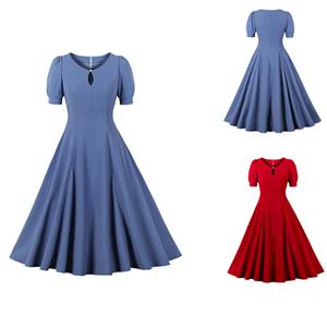 Vintage Blue Short Sleeve Round Neck High Waist Zipper Daily Midi Dress N23146