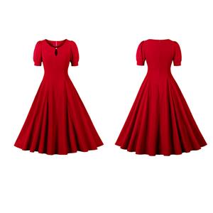 Vintage Red Short Sleeve Round Neck High Waist Zipper Daily Midi Dress N23147