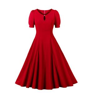 Vintage Red Short Sleeve Round Neck High Waist Zipper Daily Midi Dress N23147