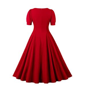 Vintage Red Short Sleeve Round Neck High Waist Zipper Daily Midi Dress N23147