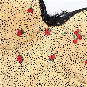 Vintage Polka Dot Floral Corset Top, Strapless Bustier with Black Lace Trim and Front Tie Detail N23833