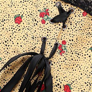 Vintage Polka Dot Floral Corset Top, Strapless Bustier with Black Lace Trim and Front Tie Detail N23833