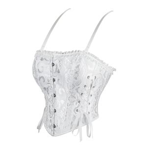 White Jacquard Corset Top, Vintage Ruffle Trim Bustier  N23892