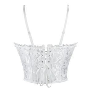 White Jacquard Corset Top, Vintage Ruffle Trim Bustier  N23892