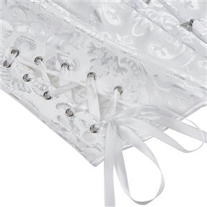 White Jacquard Corset Top, Vintage Ruffle Trim Bustier  N23892