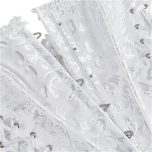 White Jacquard Corset Top, Vintage Ruffle Trim Bustier  N23892