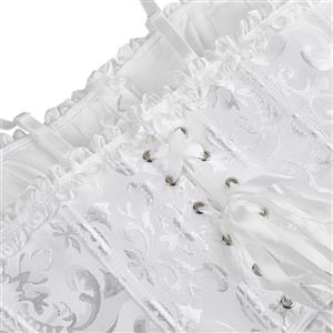 White Jacquard Corset Top, Vintage Ruffle Trim Bustier  N23892