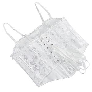 White Jacquard Corset Top, Vintage Ruffle Trim Bustier  N23892