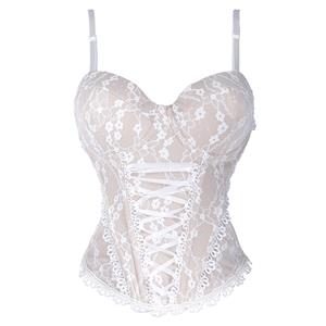 corset, bustier, white lace, front lace-up, adjustable straps, sweetheart neckline, scalloped hem, bridal top, romantic style, vintage inspired, cropped, feminine, lace overlay, zip back, elegant #N23929