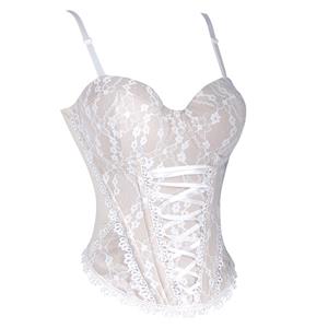 White Lace Corset Bustier with Front Lace-up & Adjustable Straps N23929