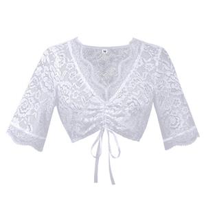 white lace top, cropped cardigan, V-neck bolero, tie front top, floral lace shirt, elbow sleeve cardigan, summer bolero, white lace jacket, feminine top, semi-sheer top, party top, wedding guest outfit, casual summer top, scallop edge top, tie bow top #N23913