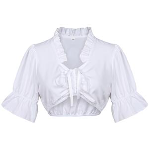 white crop top, puff sleeve top, high neck blouse, ruffle collar, front tie top, smocked hem, Victorian style, feminine top, white blouse, romantic top, party crop top, summer blouse, trendy top, solid color top, elegant shirt #N23916