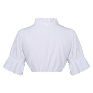 White Puff Sleeve Crop Top with High Neck, Ruffle Collar & Front Tie N23916