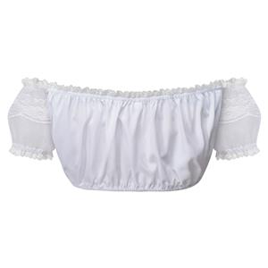 White Off-Shoulder Crop Top with Puff Sleeves, Lace Trim & Front Tie N23917