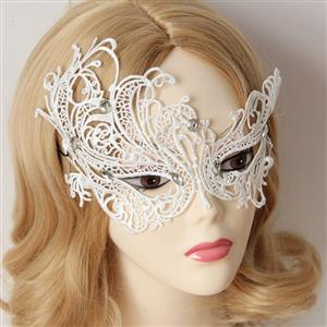 Elegant White Lace Gems Half Mask MS12939