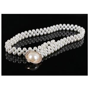 Women's Fashion White Simulated Pearl Skinny Thin Waist Belt N16938