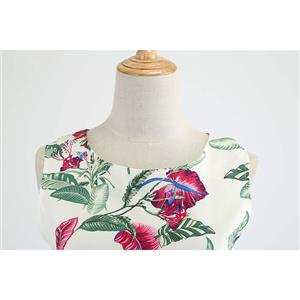 White Women's Retro Round Neck Sleeveless Flowers Leaves Printed Swing Summer Day Dress N18583