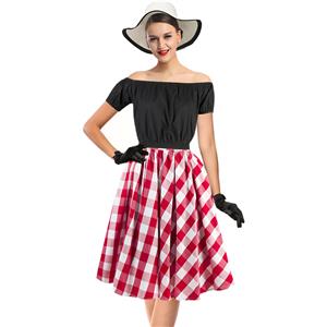 Sexy Black Short Sleeve Off Shoulder Crop Top and Plaid Skirt Set N12969