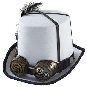 White Steampunk Feather and Gear Goggles Masquerade Halloween Costume Top Hat J22791