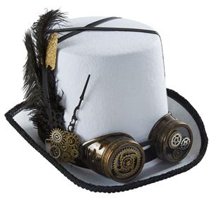 White Steampunk Feather and Gear Goggles Masquerade Halloween Costume Top Hat J22791