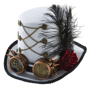 White Steampunk Red Rose and Gear Goggles Masquerade Halloween Costume Top Hat J22788