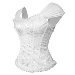 White Lace-Up Dance Bustier Corset with Ruffle Shoulder Straps and Scalloped Hem N237869
