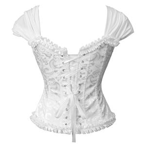 White Lace-Up Dance Bustier Corset with Ruffle Shoulder Straps and Scalloped Hem N237869