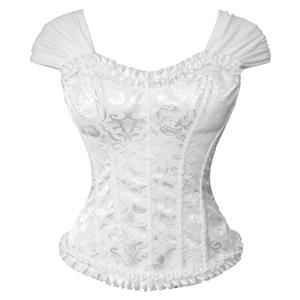 White bustier, vintage corset, brocade corset, ruffle trim, Baroque style, dance costume, Renaissance wear, lace-up back, theatrical corset, historical costume, metallic brocade, vintage performance wear, puffed sleeve corset, bridal corset, adjustable corset #N237869