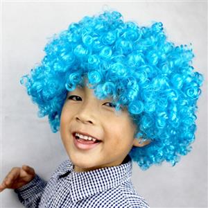 Unisex Sky-Blue Wild-curl up Curly Clown Quirky Wig for Adult and Child MS16075